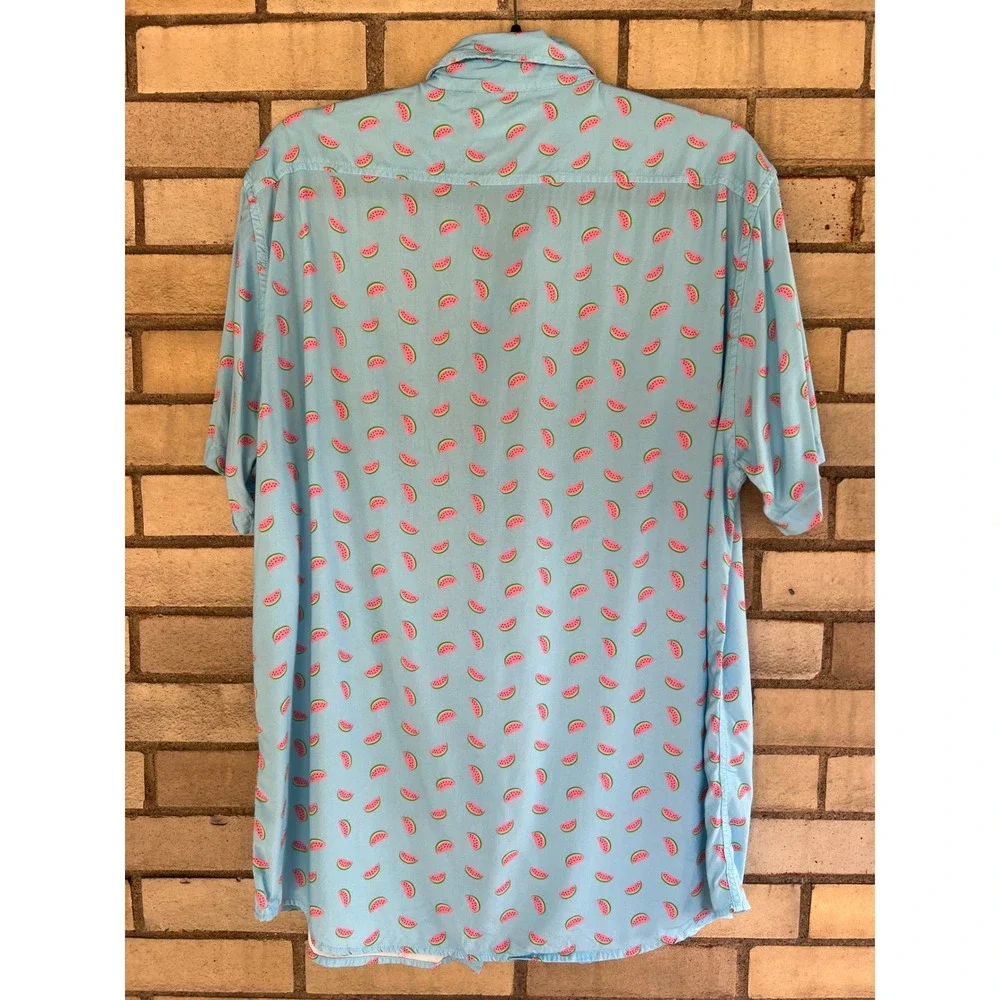 Bermies Watermelon Print Short Sleeve Button Down Shirt Aqua Blue Men's Large - Picture 5 of 5